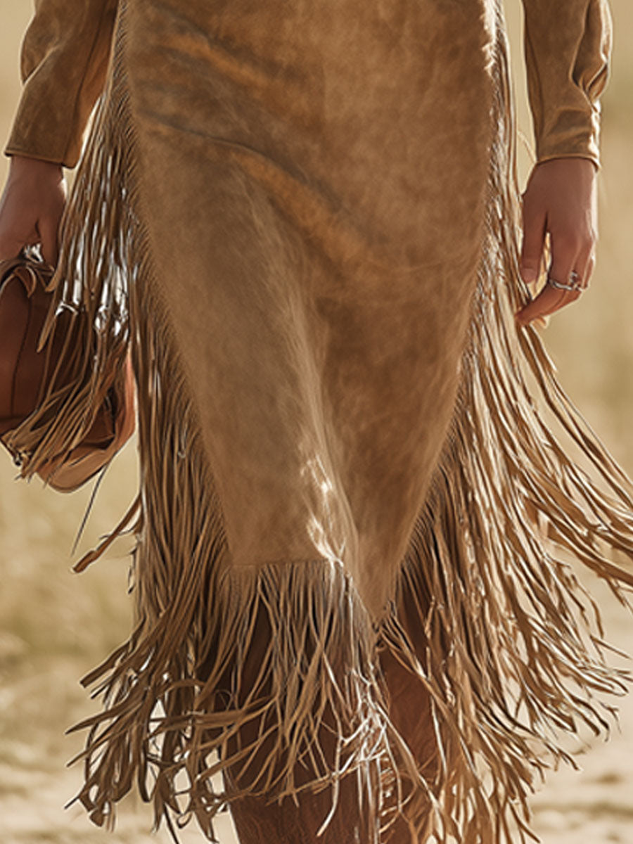 Western Retro Camel Faux Suede Tassel Tie Long-Sleeved Midi Dress