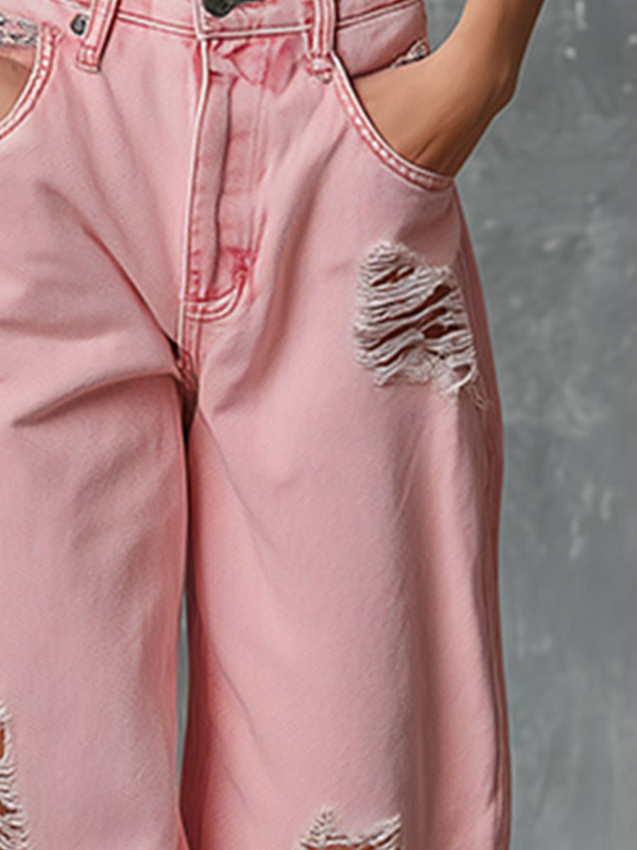 Casual Versatile Pink Wide-leg Ripped Jeans