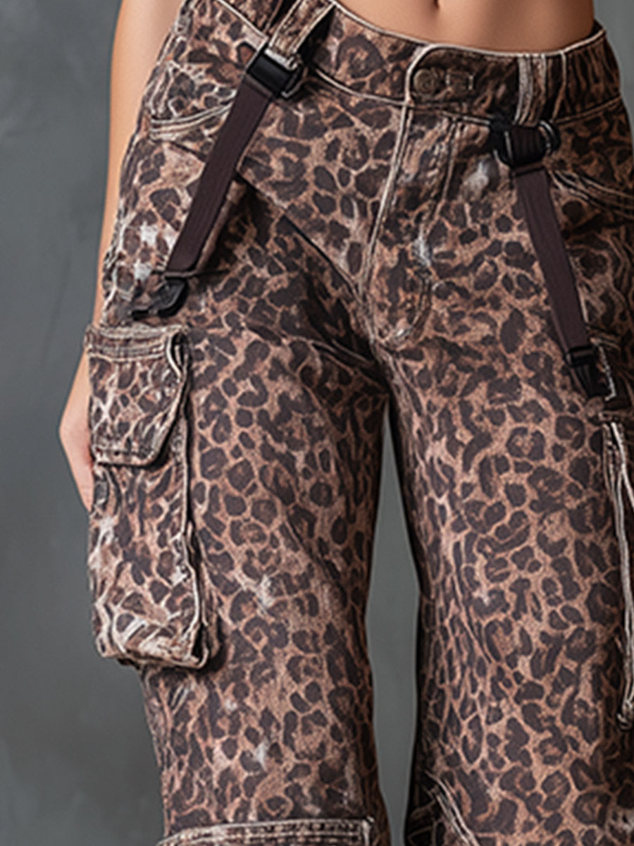 Retro Casual Brown Leopard-Print Multi-Pocket Utility Jeans