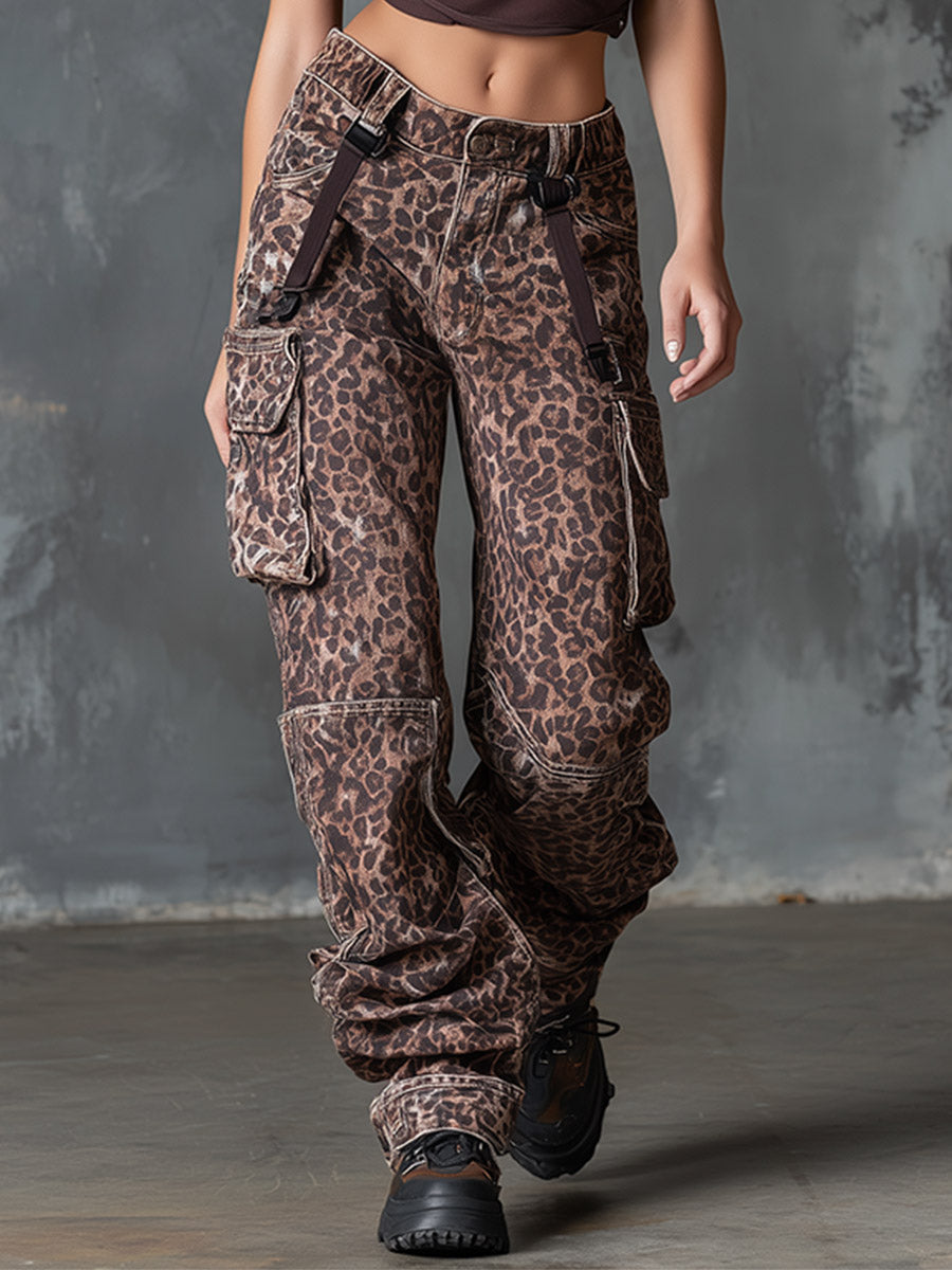 Retro Casual Brown Leopard-Print Multi-Pocket Utility Jeans