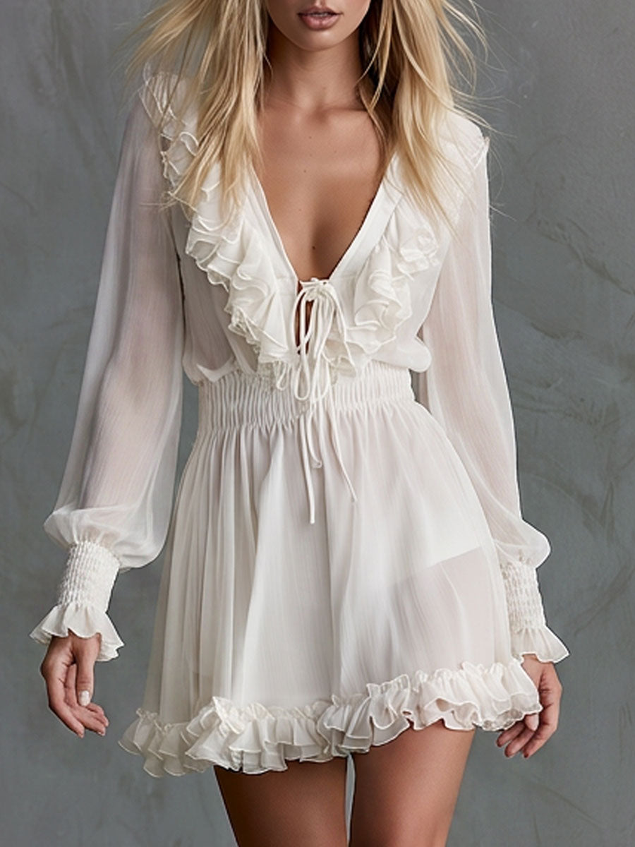 Retro Elegant White Ruffled Tie-neck Long-sleeved Chiffon Mini Dress