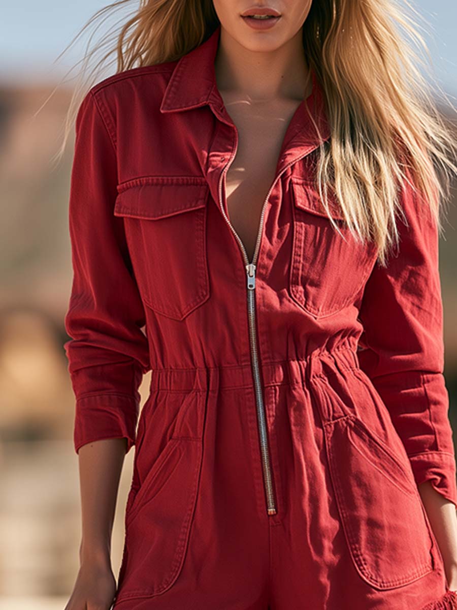 Retro Western Red Denim Zip-Front Fringe-Hem Utility Romper