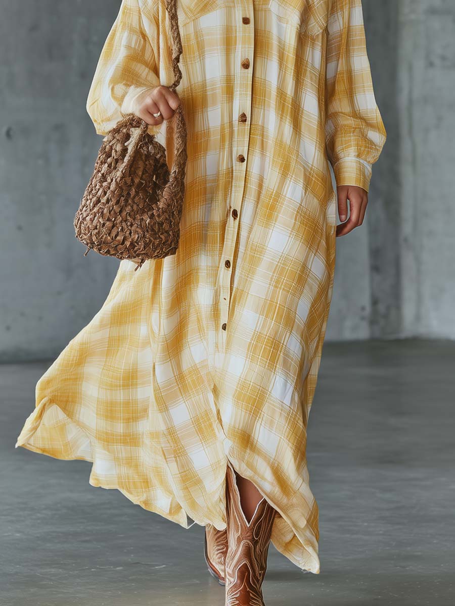 Retro Western Yellow Plaid Button-Front Cotton-Linen Shirt Maxi Dress