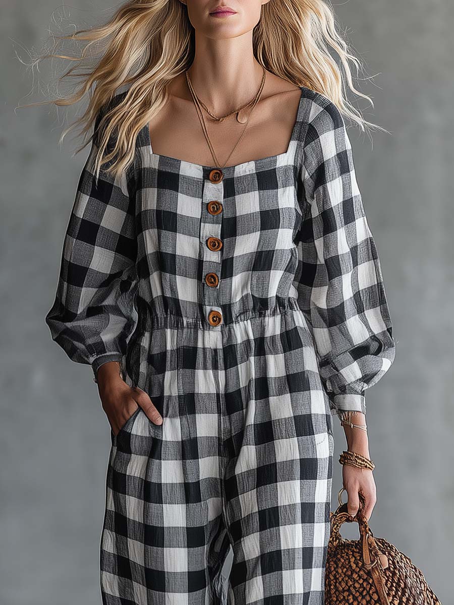 Retro Western Black Gingham Cotton-Linen Button-Front Wide-Leg Jumpsuit