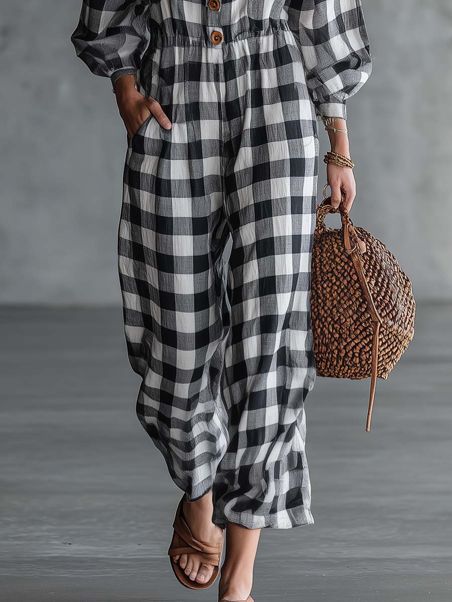 Retro Western Black Gingham Cotton-Linen Button-Front Wide-Leg Jumpsuit