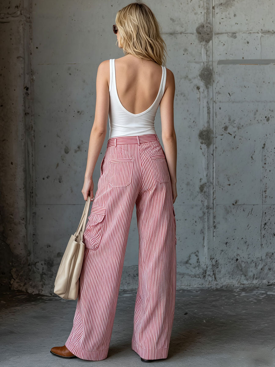 Casual Retro Red And White Striped Cargo Jeans