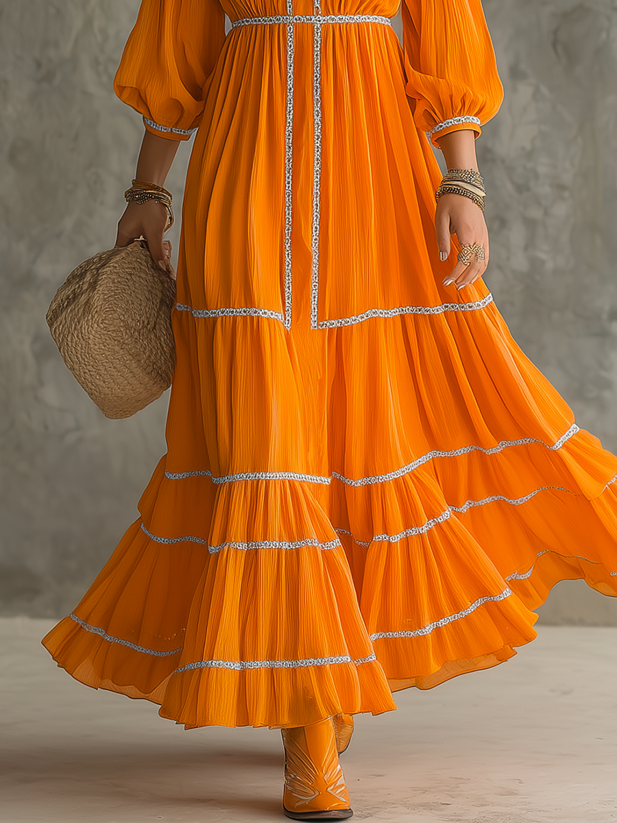 Retro-casual Western-style Orange Maxi Skirt