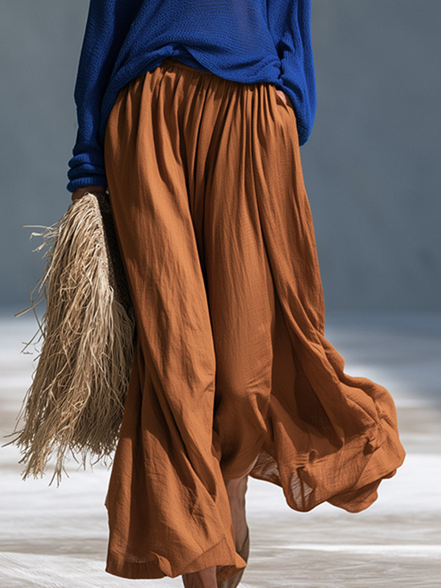 Vintage-style Elegant Blue Long-sleeve Knit Top And Brown Cotton Midi Skirt Set