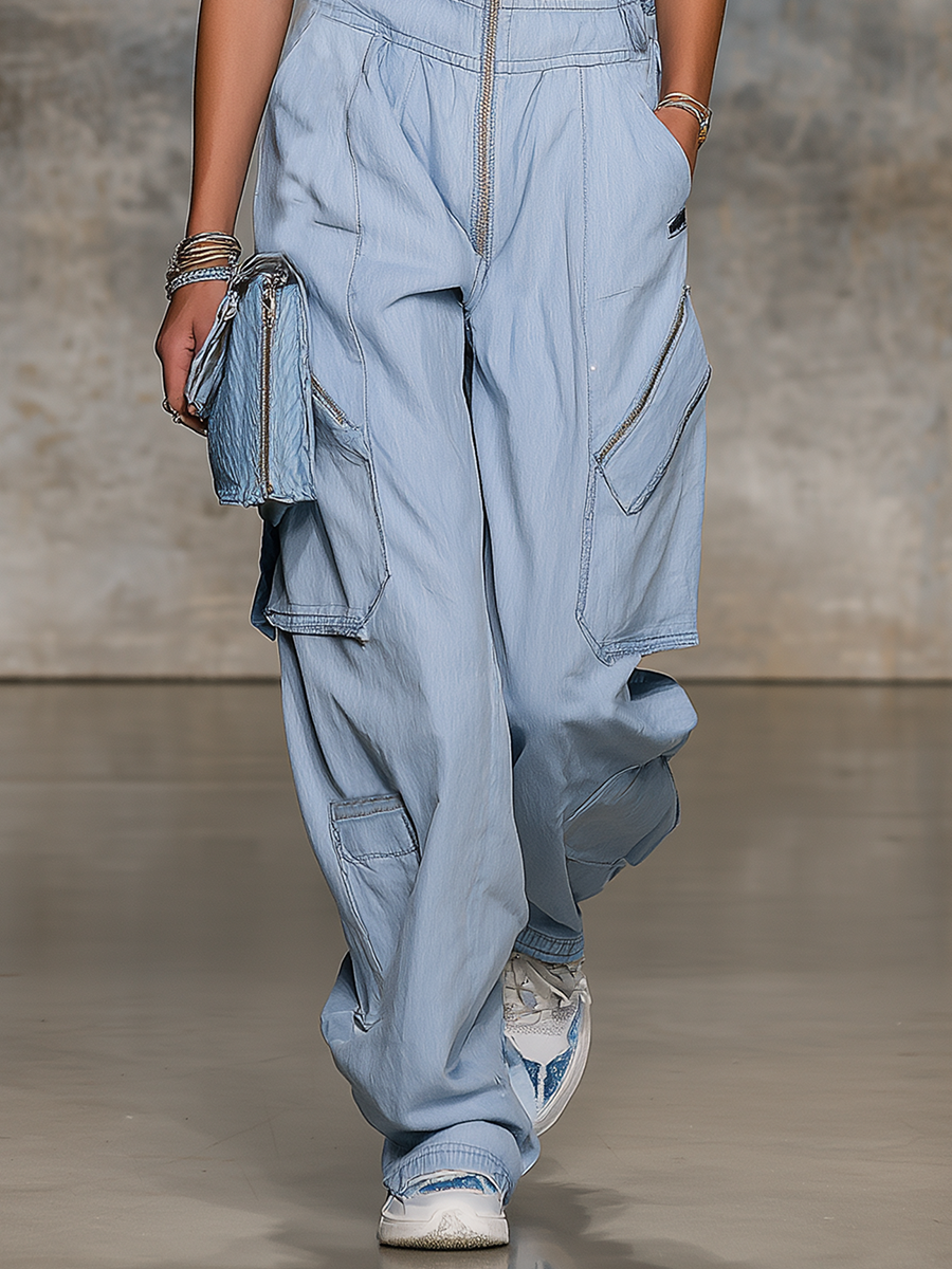 Western Utility Ultra-low Neckline Zip-front Suspender Jumpsuit
