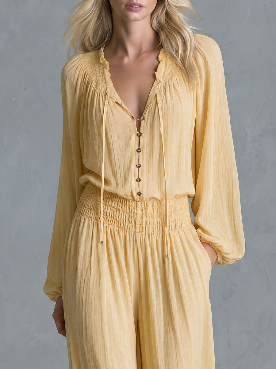 Retro Casual Yellow Long-sleeved Button Cotton Jumpsuit