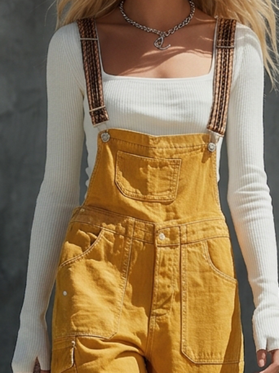 Denim Overalls With Braided Straps Mustard Yellow Loose-Fit Wide-Leg Bohemian Utility Jumpsuit With Multiple Pockets