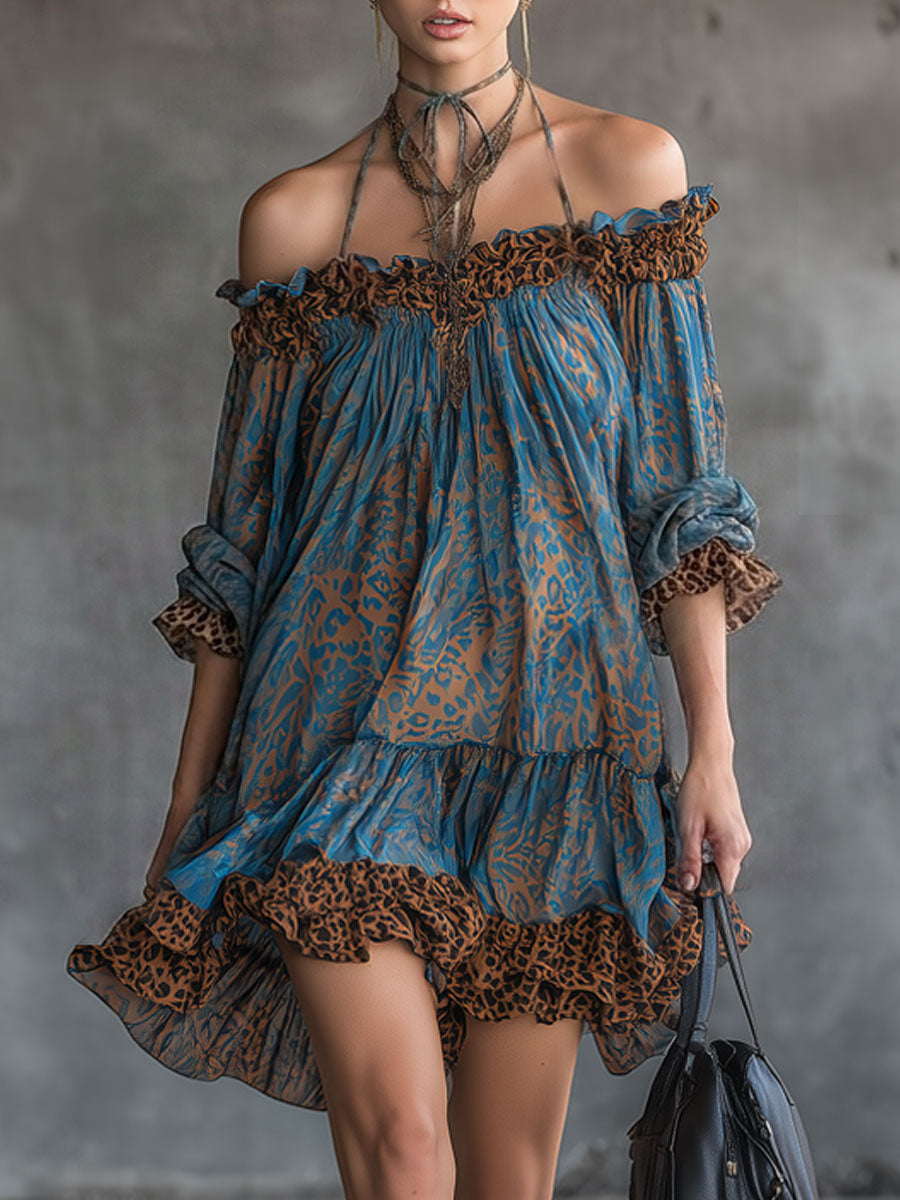 Elegant Retro Leopard Print Blue Chiffon Long-sleeved Mini Dress