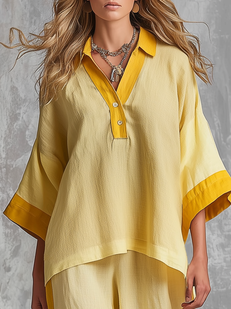 Retro-casual Elegant Yellow Color-block Cotton-linen Set