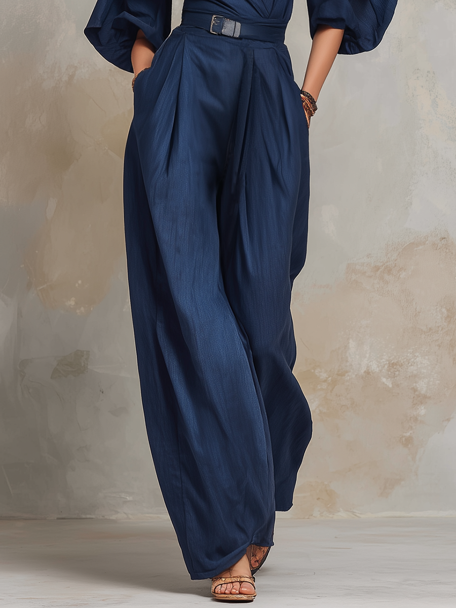 Retro-casual Elegant Blue Cotton-linen Jumpsuit