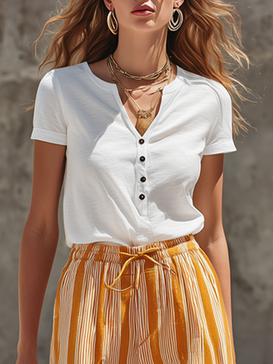 Fashionable Retro Short-sleeved T-shirt And Yellow Striped Cotton Linen Pants Set