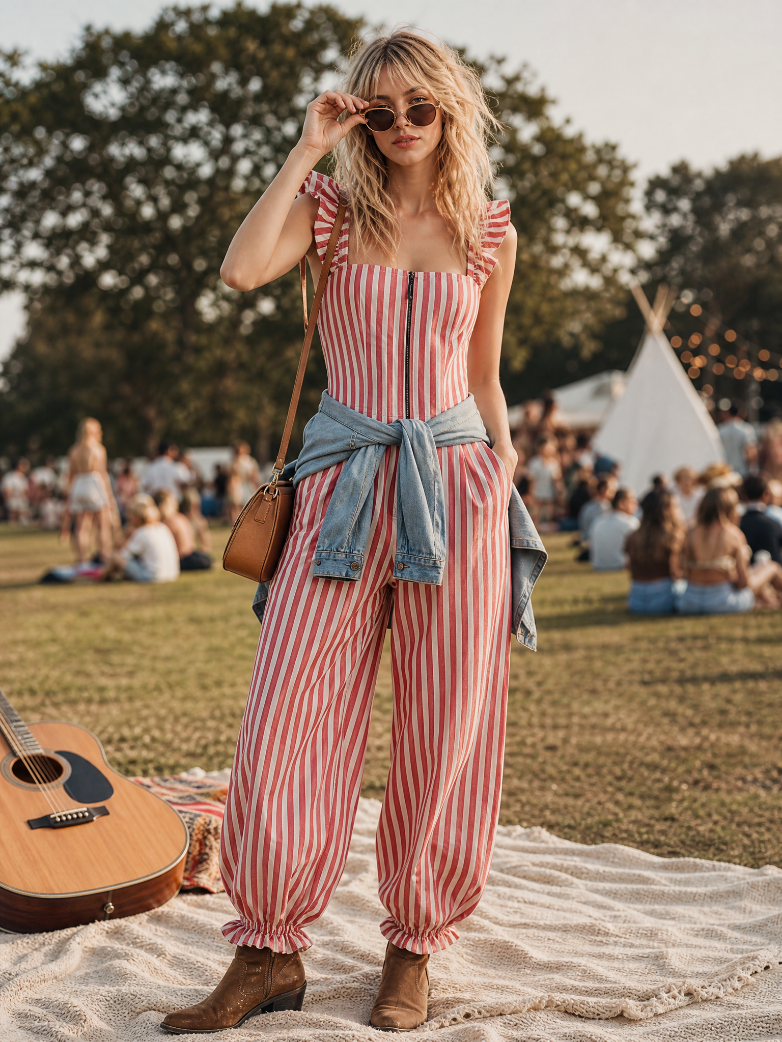 Retro Red Striped Ruffle Strap Zip-Front Wide-Leg Jumpsuit