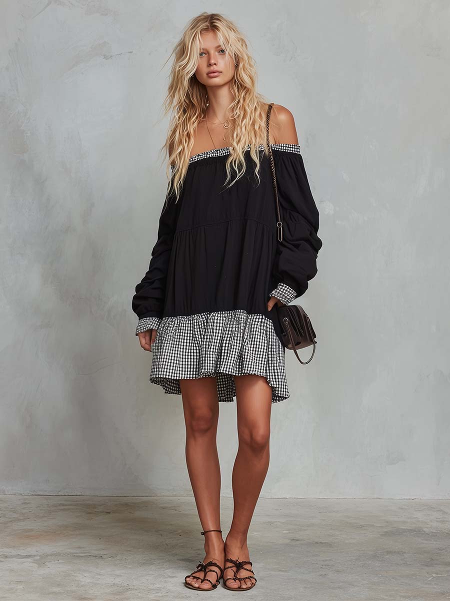 Gingham Trim Off Shoulder Tiered Babydoll Mini Dress