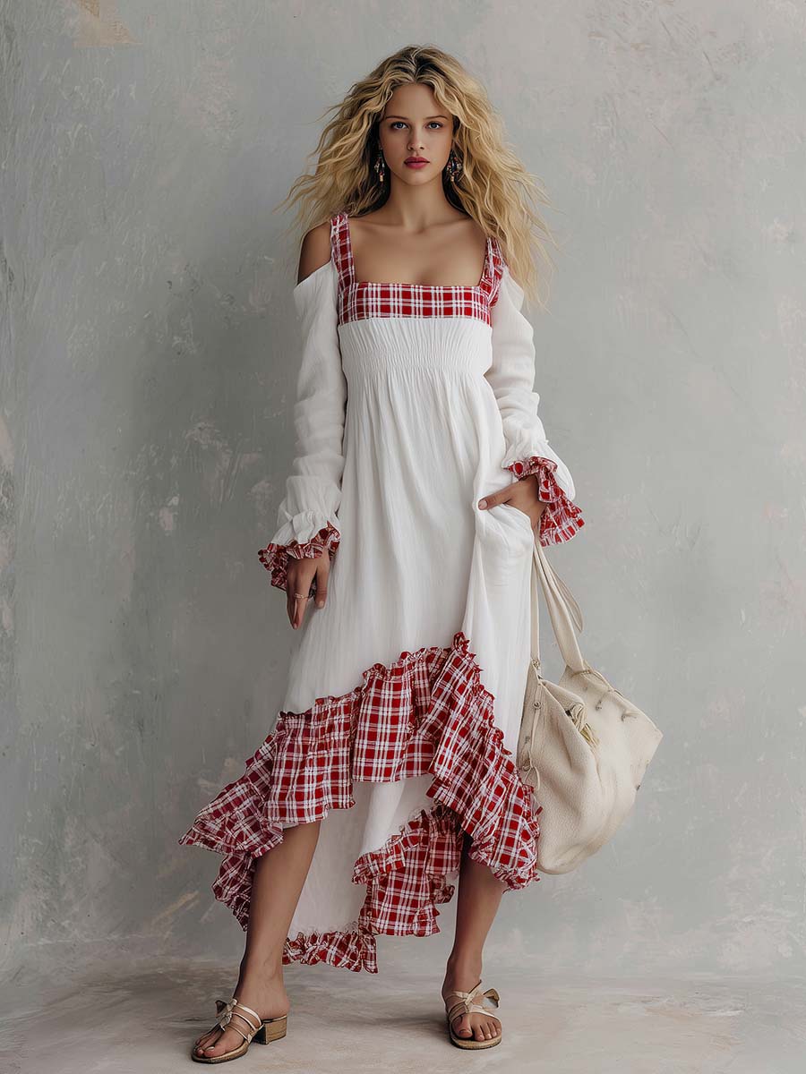 Boho Western Plaid Patchwork Cotton Linen Maxi Dress