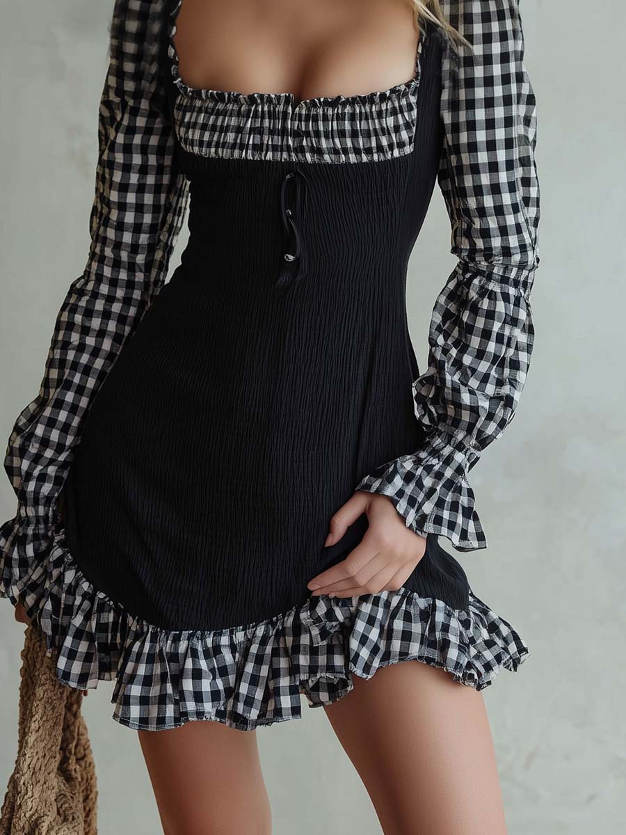 Gingham Ruffle Crinkle Corset Mini Dress