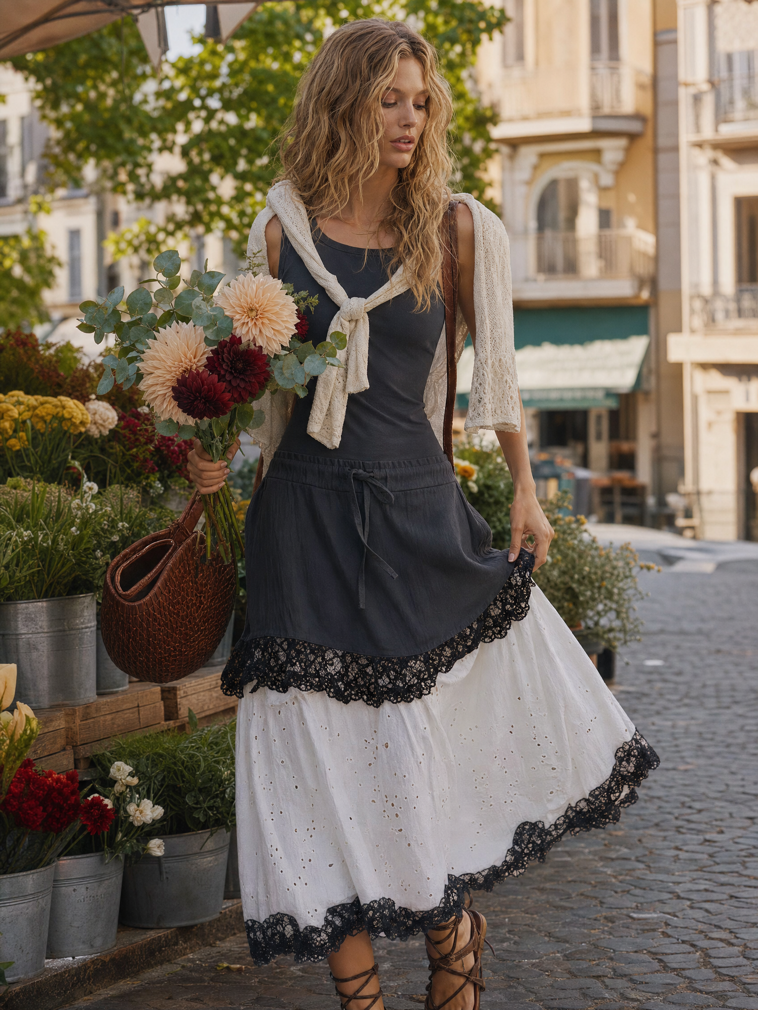 Boho Lace Trim Eyelet Patchwork Sleeveless Drop-Waist Maxi Dress