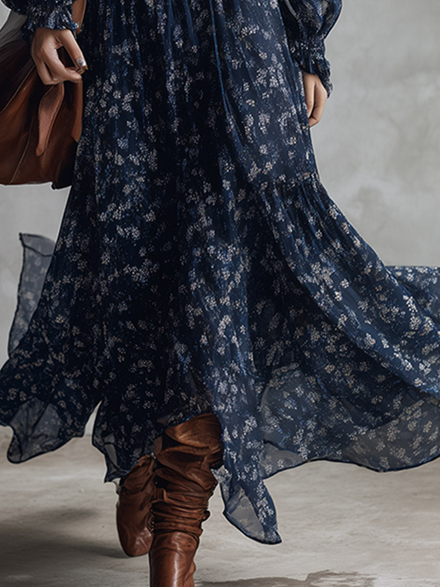 Retro Classic Floral Print Navy Blue Chiffon Maxi Dress