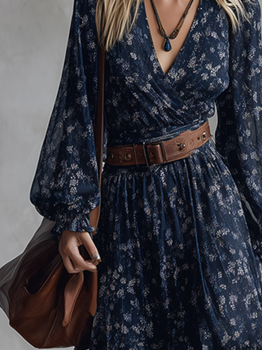 Retro Classic Floral Print Navy Blue Chiffon Maxi Dress