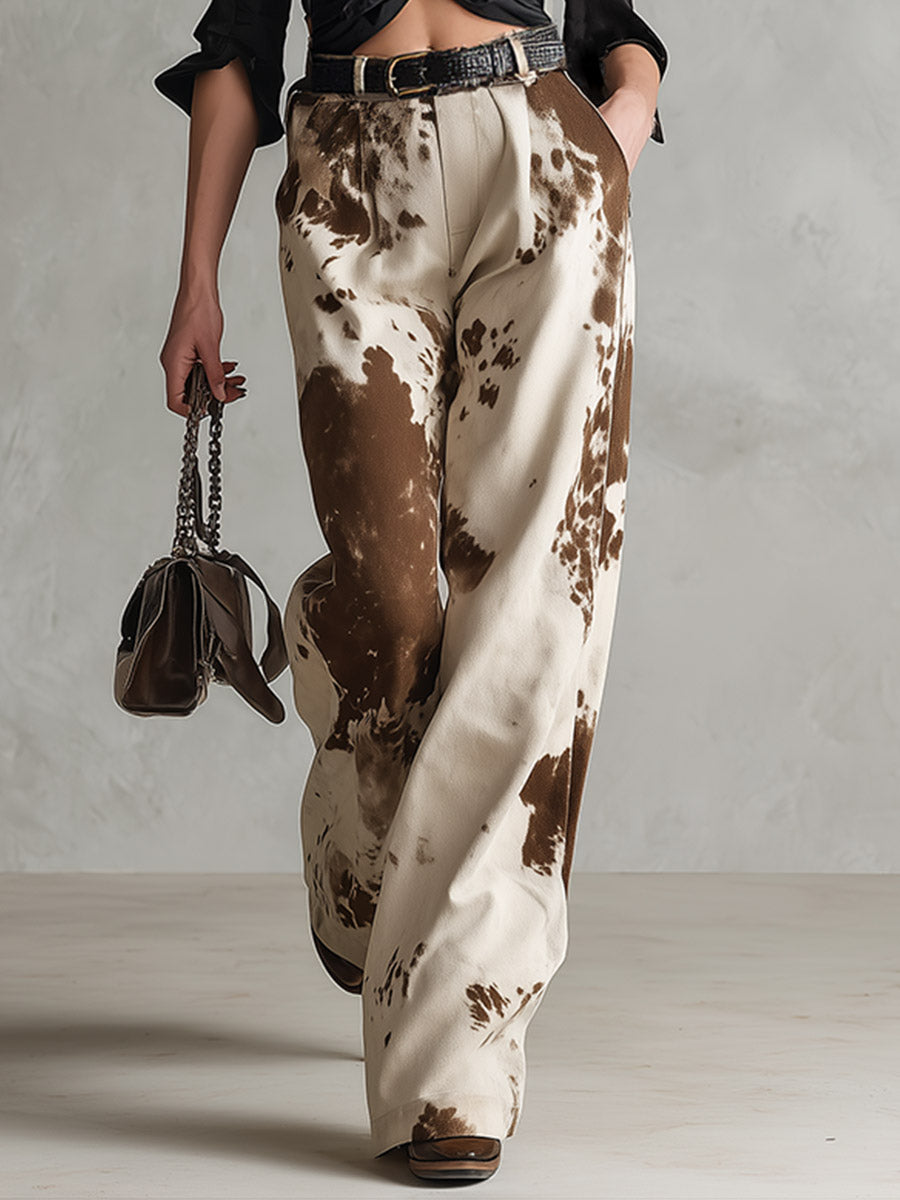 Retro-chic Beige-brown Cow-print Faux Suede Wide-leg Pants