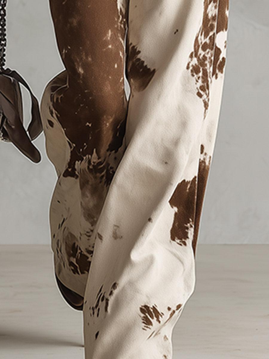 Retro-chic Beige-brown Cow-print Faux Suede Wide-leg Pants