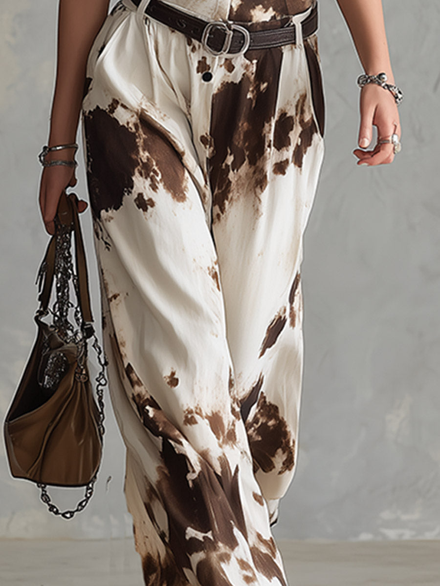 Retro-chic Beige-brown Cow-print Faux Suede Jumpsuit