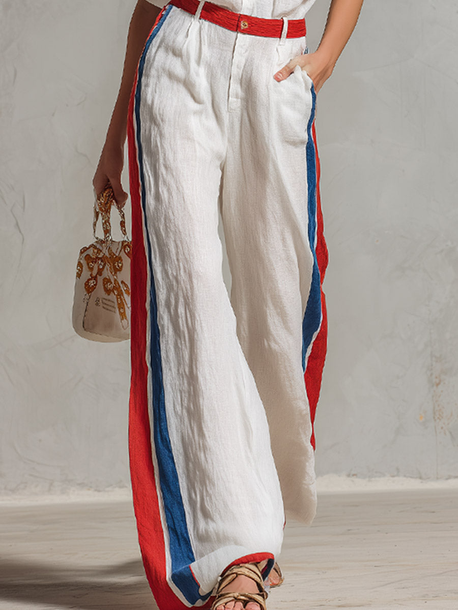 Casual Urban Color-Block White T-Shirt And Wide-Leg Pants Cotton-Linen Set