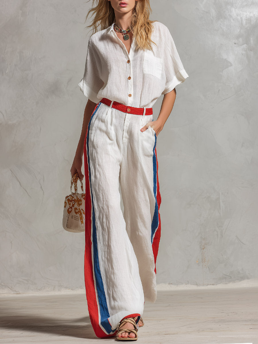 Casual Urban Color-Block White T-Shirt And Wide-Leg Pants Cotton-Linen Set