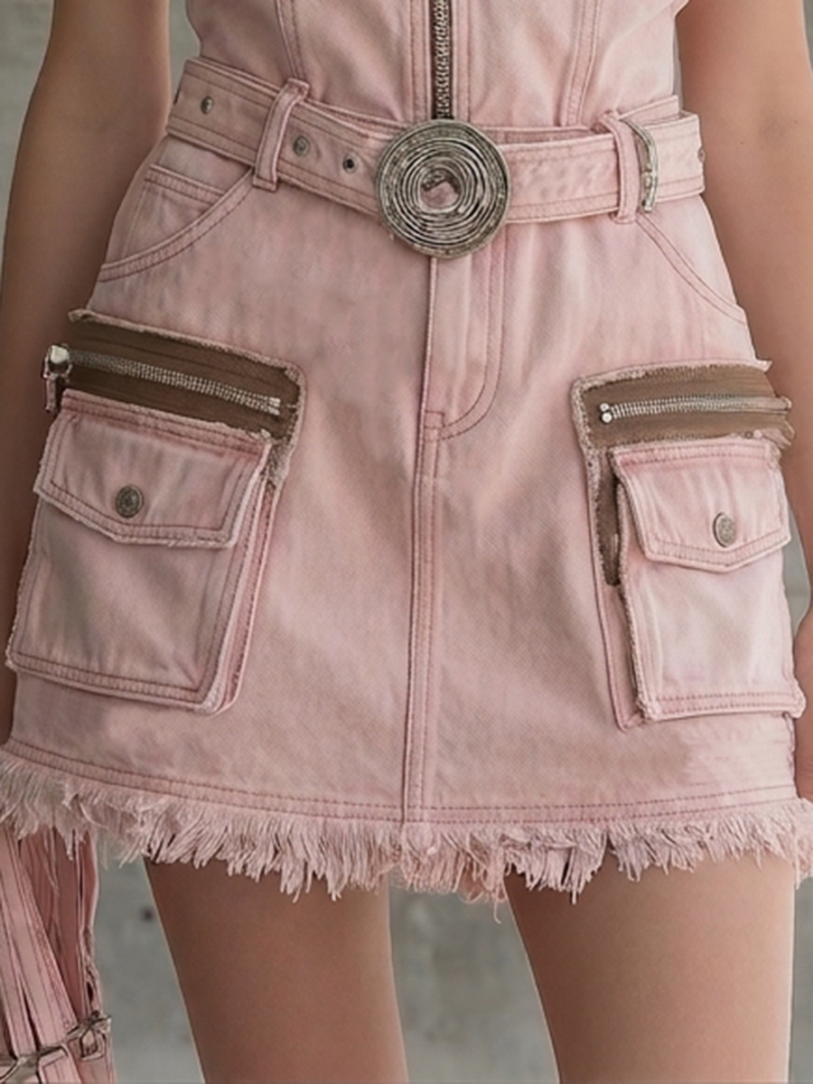 Washed Pink Denim Pinafore Dress – Zip Front Belted Cargo Pockets