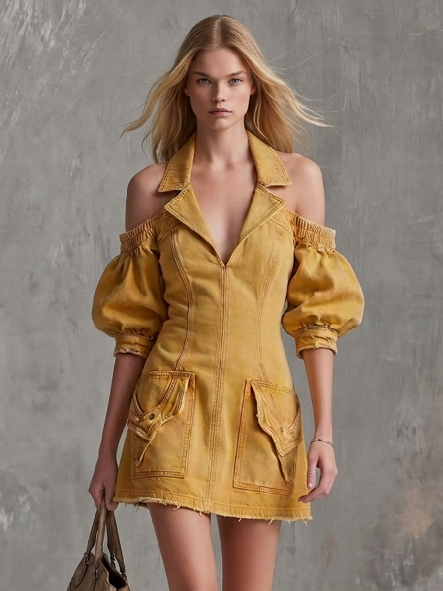 Vintage Mustard Cold-Shoulder Puff-Sleeve Utility Denim Dress With Frayed Hem