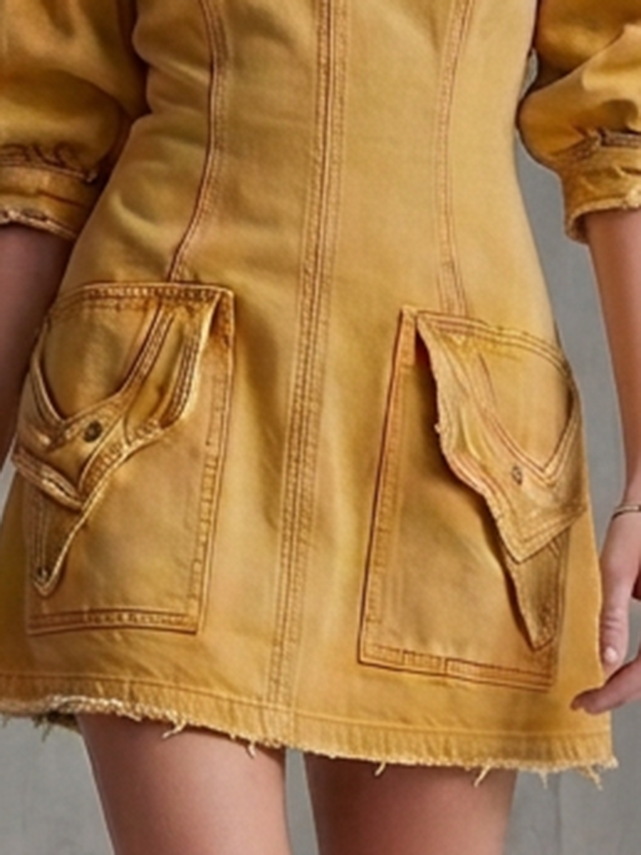 Vintage Mustard Cold-Shoulder Puff-Sleeve Utility Denim Dress With Frayed Hem