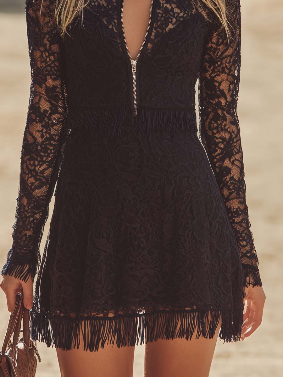 Western Black Lace Zip-Front Fringe Long-Sleeve Mini Dress