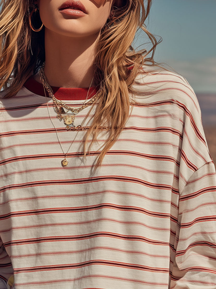 Sporty Retro Red And White Striped Long-Sleeve Crew Neck T-Shirt