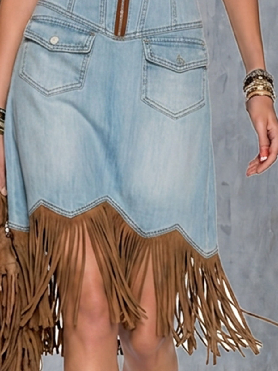 Slip Dress - Contrasting Zip-up Placket Serrated Hem With Contrasting Tassels Cargo Pockets