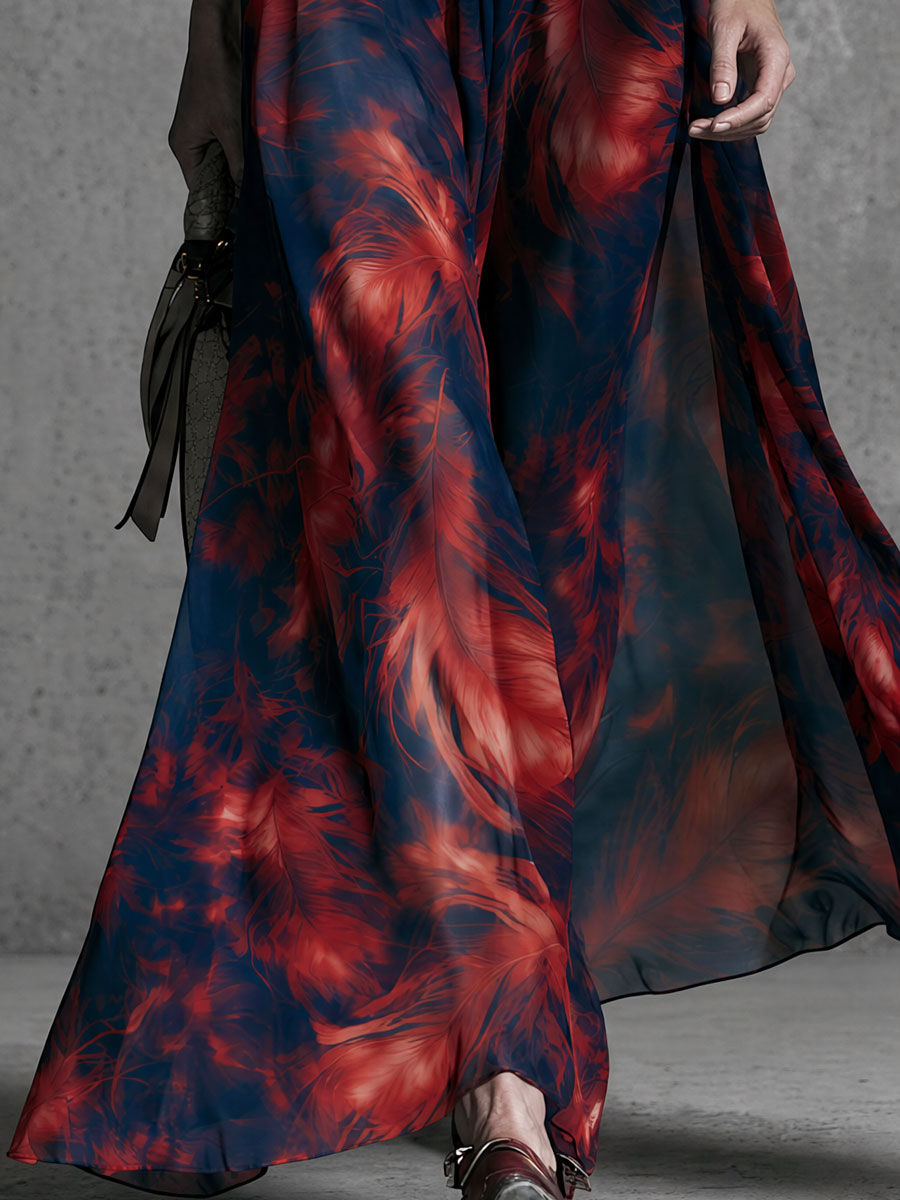 Retro Elegant Red Feather Print Blue V-neck Chiffon Maxi Dress