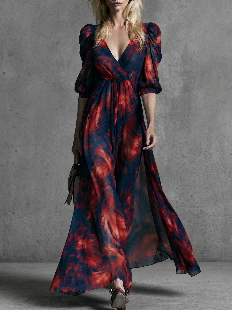 Retro Elegant Red Feather Print Blue V-neck Chiffon Maxi Dress