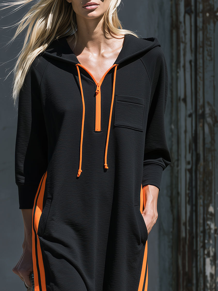 Retro Casual Color-blocked Striped Black Hooded Cotton Midi Dress