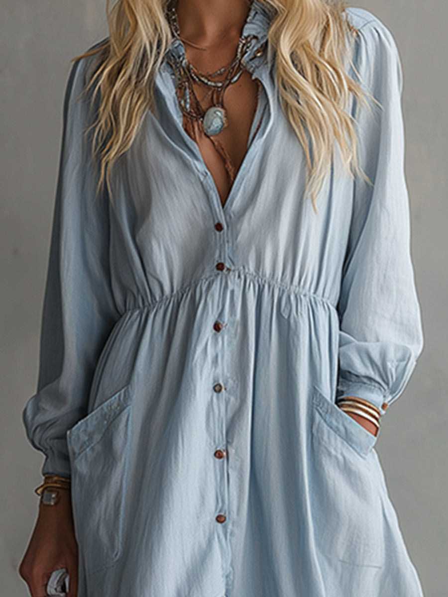 Elegant Casual Striped-Trim Light Blue Cotton-Linen Maxi Dress