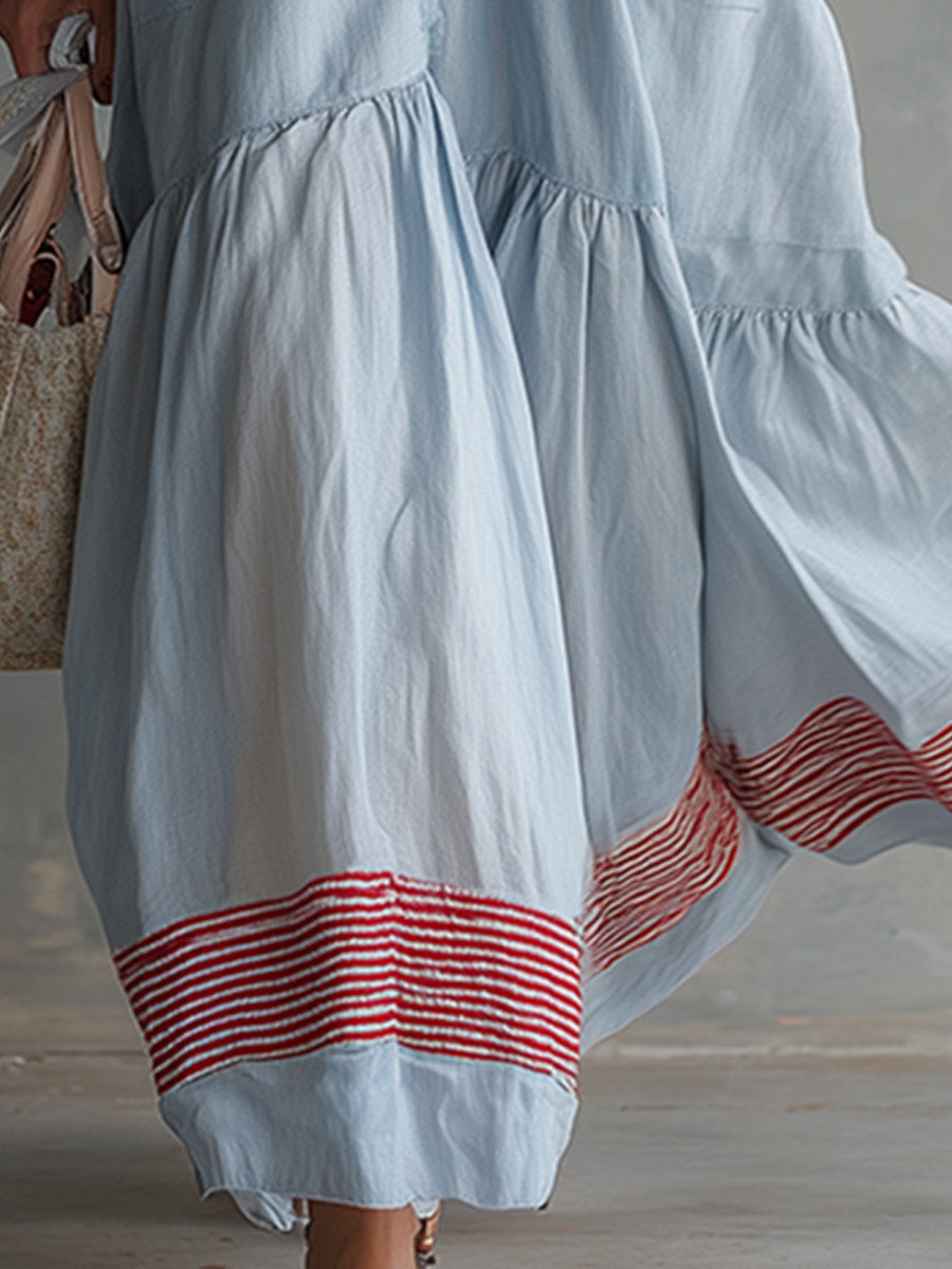Elegant Casual Striped-Trim Light Blue Cotton-Linen Maxi Dress