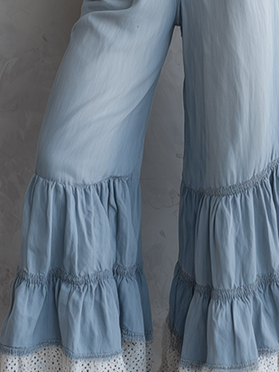 Chic Casual Color-Block Trim Light Blue Long-Sleeve Wide-Leg Jumpsuit