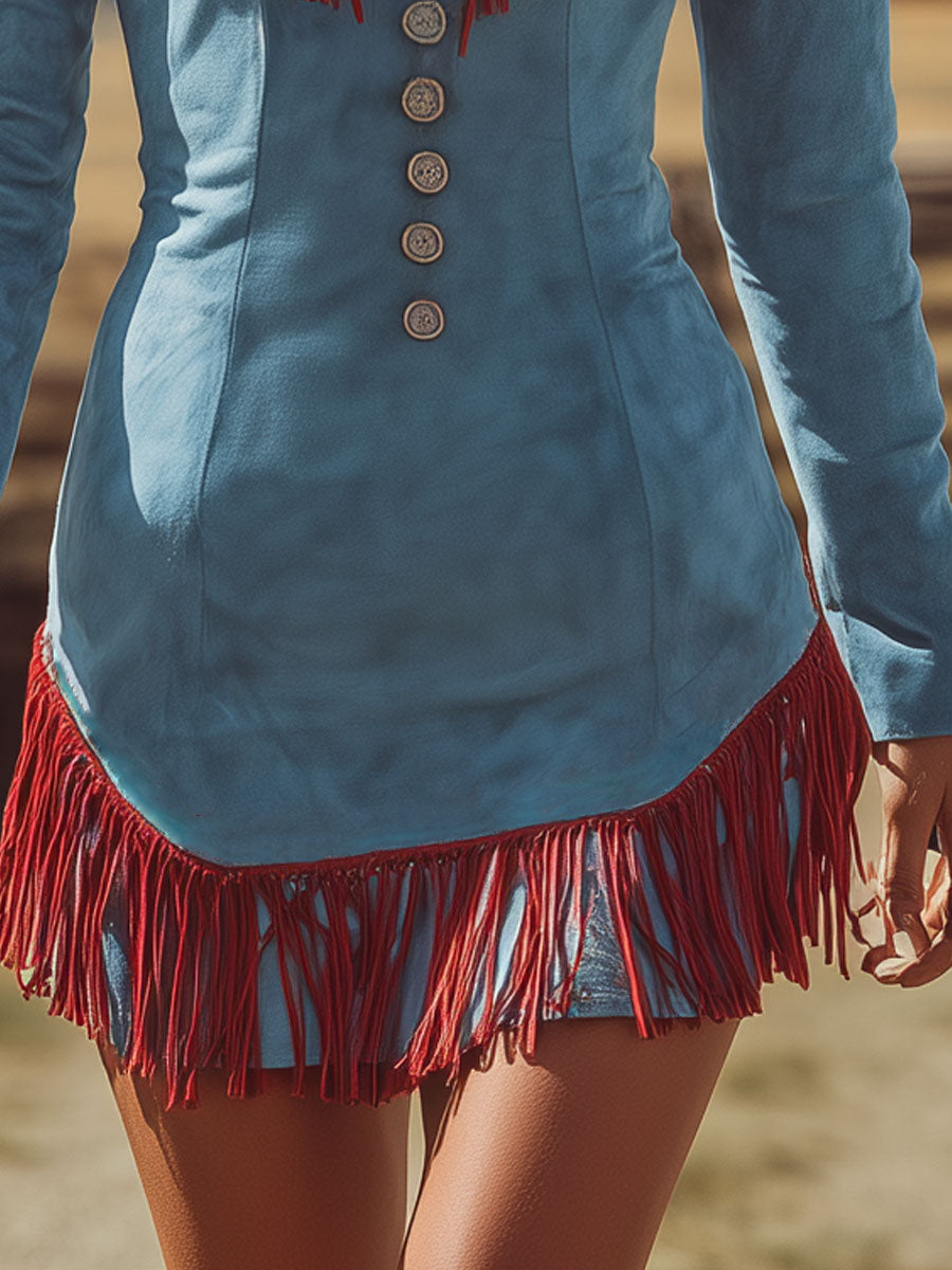 Western Retro Color-blocked Tassel Blue V-neck Faux Suede Mini Dress
