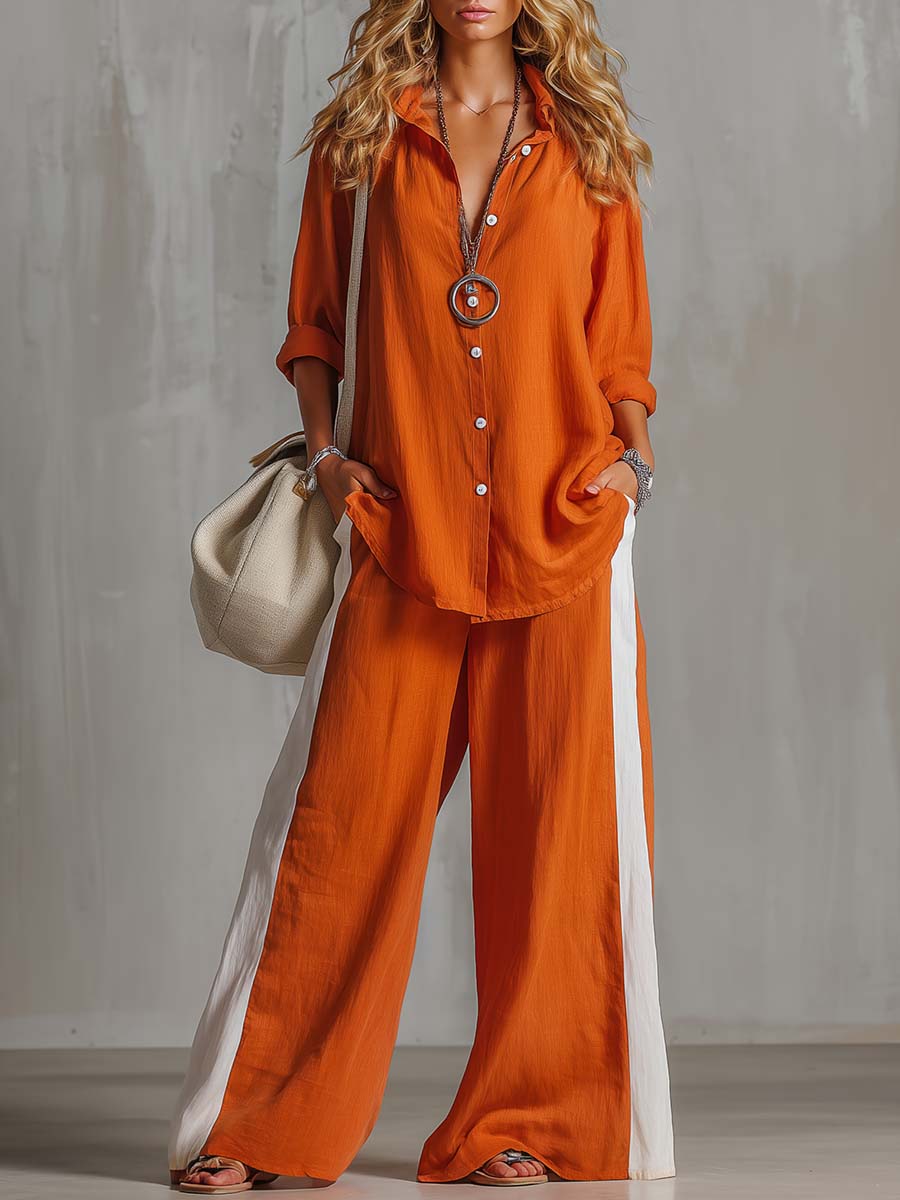 Urban Boho Orange Cotton-linen Wide-leg Pant Set