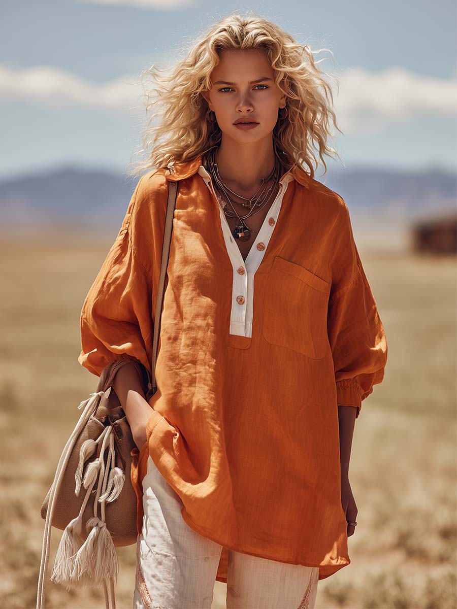 Urban Casual V-neck Front-button Orange Cotton-linen Blouse