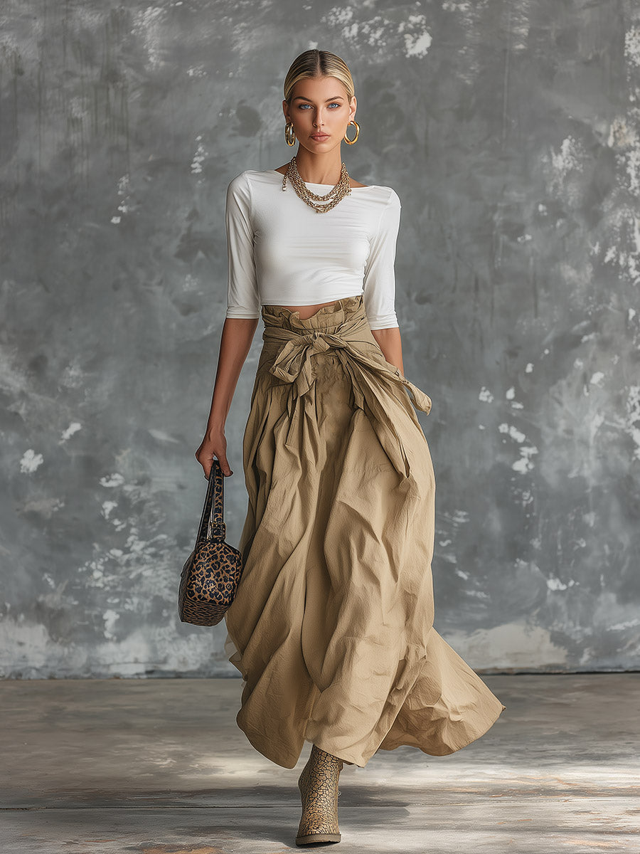 Elegant Vintage-style White Mid-sleeve Top And Khaki Skirt Cotton Set