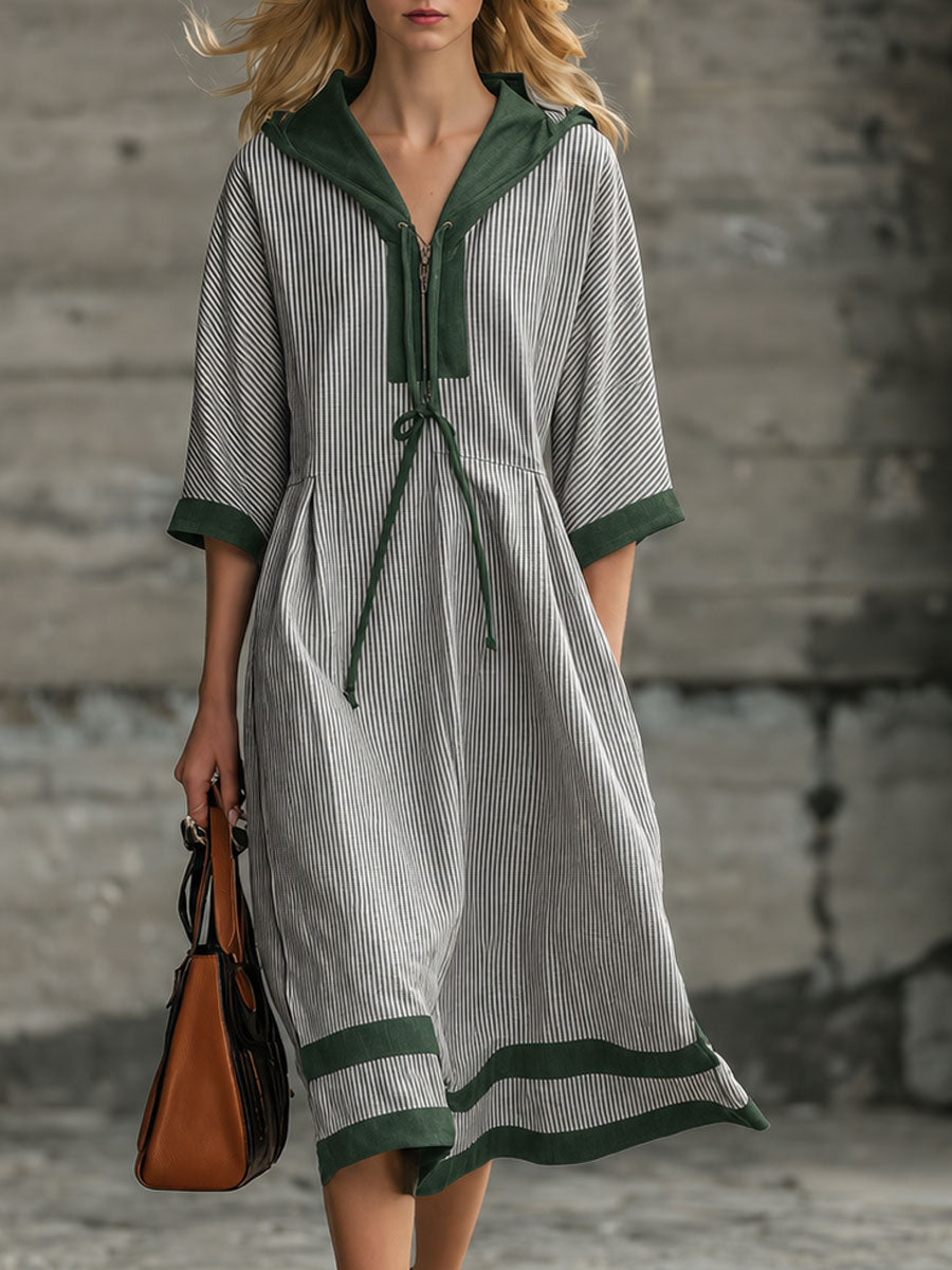 Casual Retro Black And White Striped Green Hooded Cotton Midi Dress