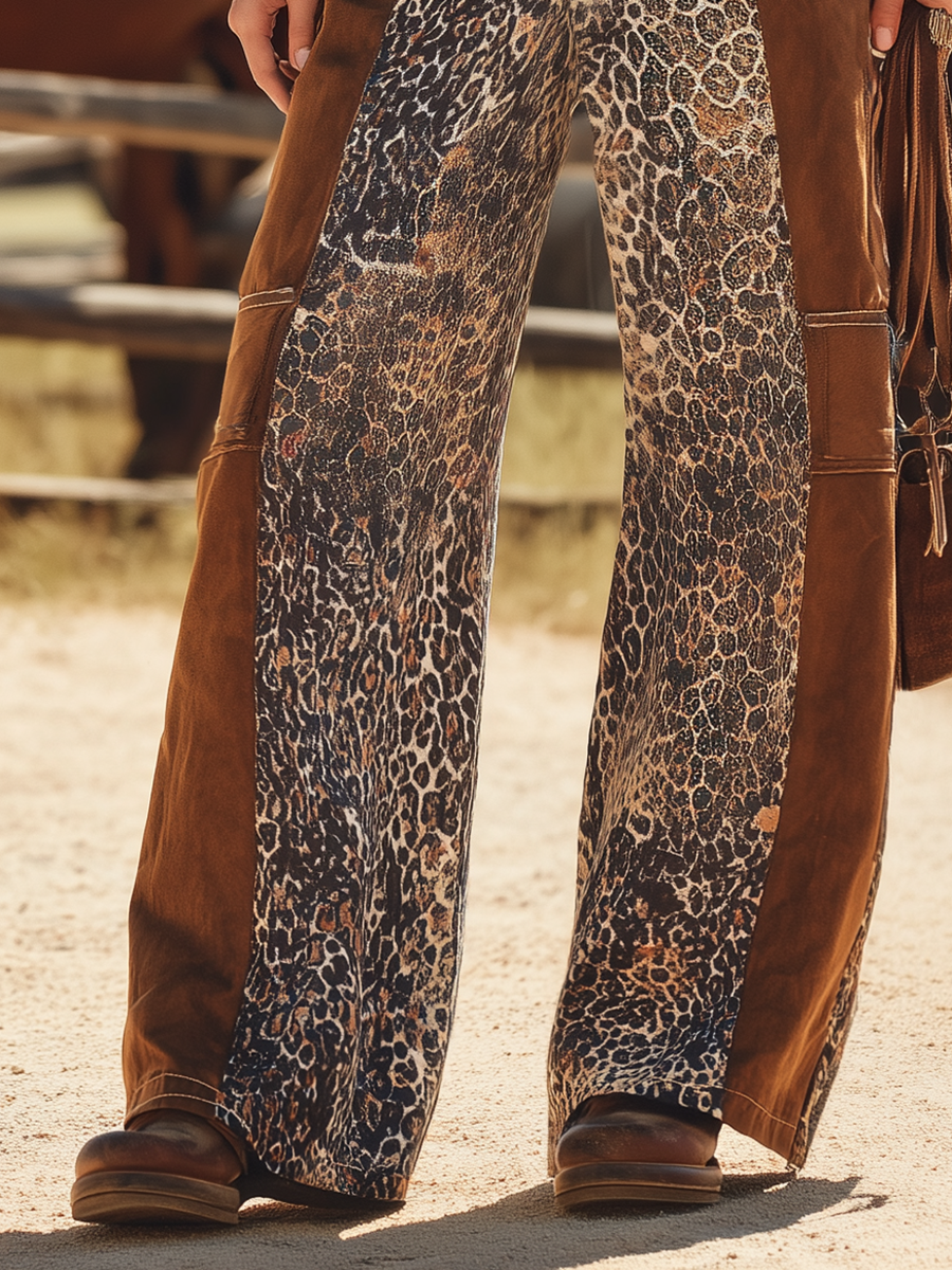 Retro Casual Western-style Printed Trousers With Faux Suede Panels
