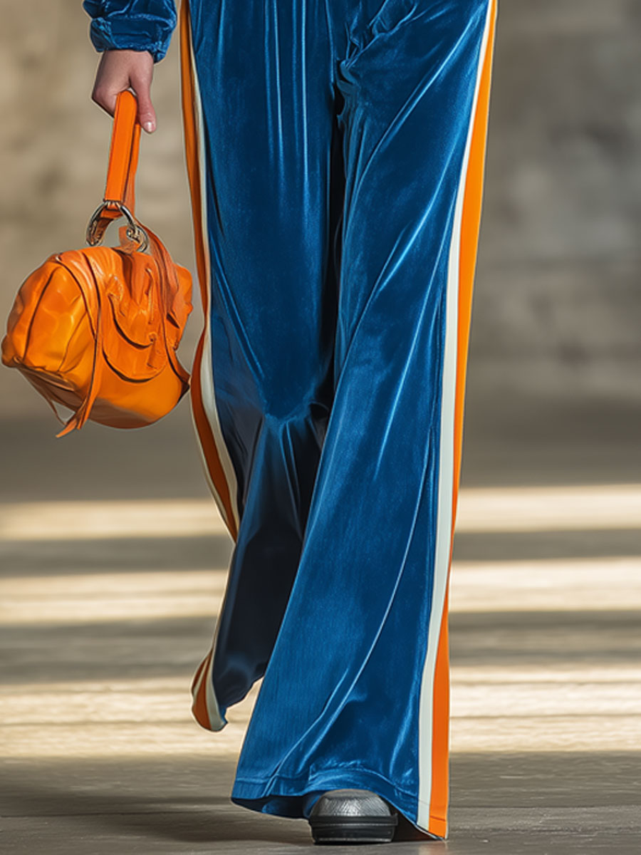 Casual Retro Color-blocked Long-sleeved Royal Blue Velvet Top And Pants Set